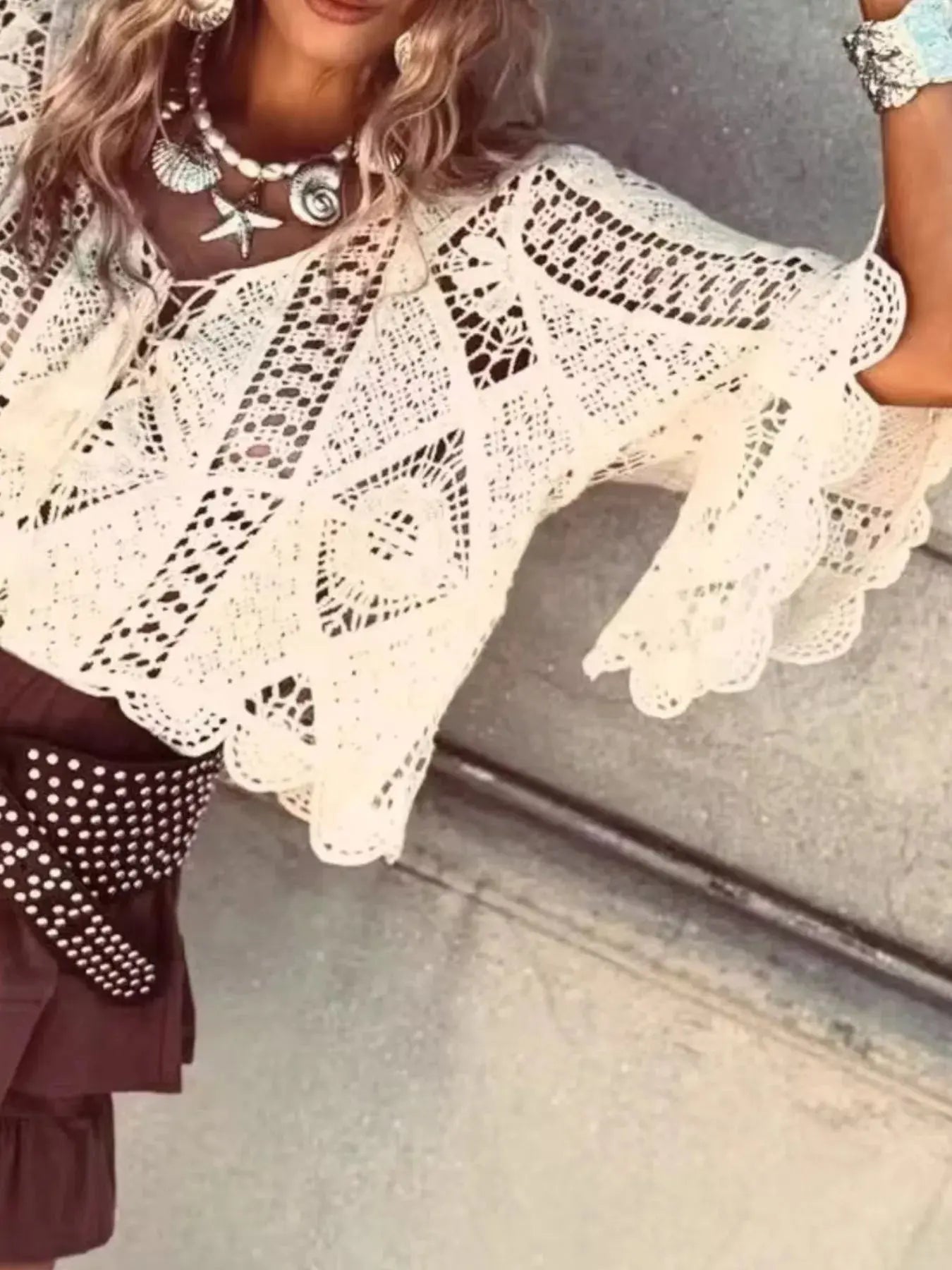 Tassel V-Neck Crochet Knit Top Simply Love