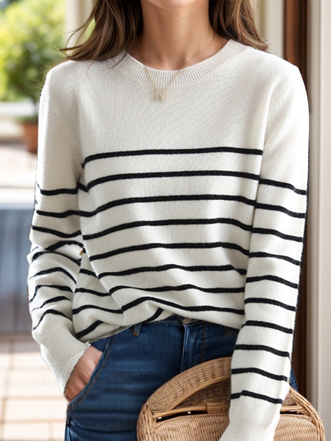 Striped Round Neck Long Sleeve Sweater.