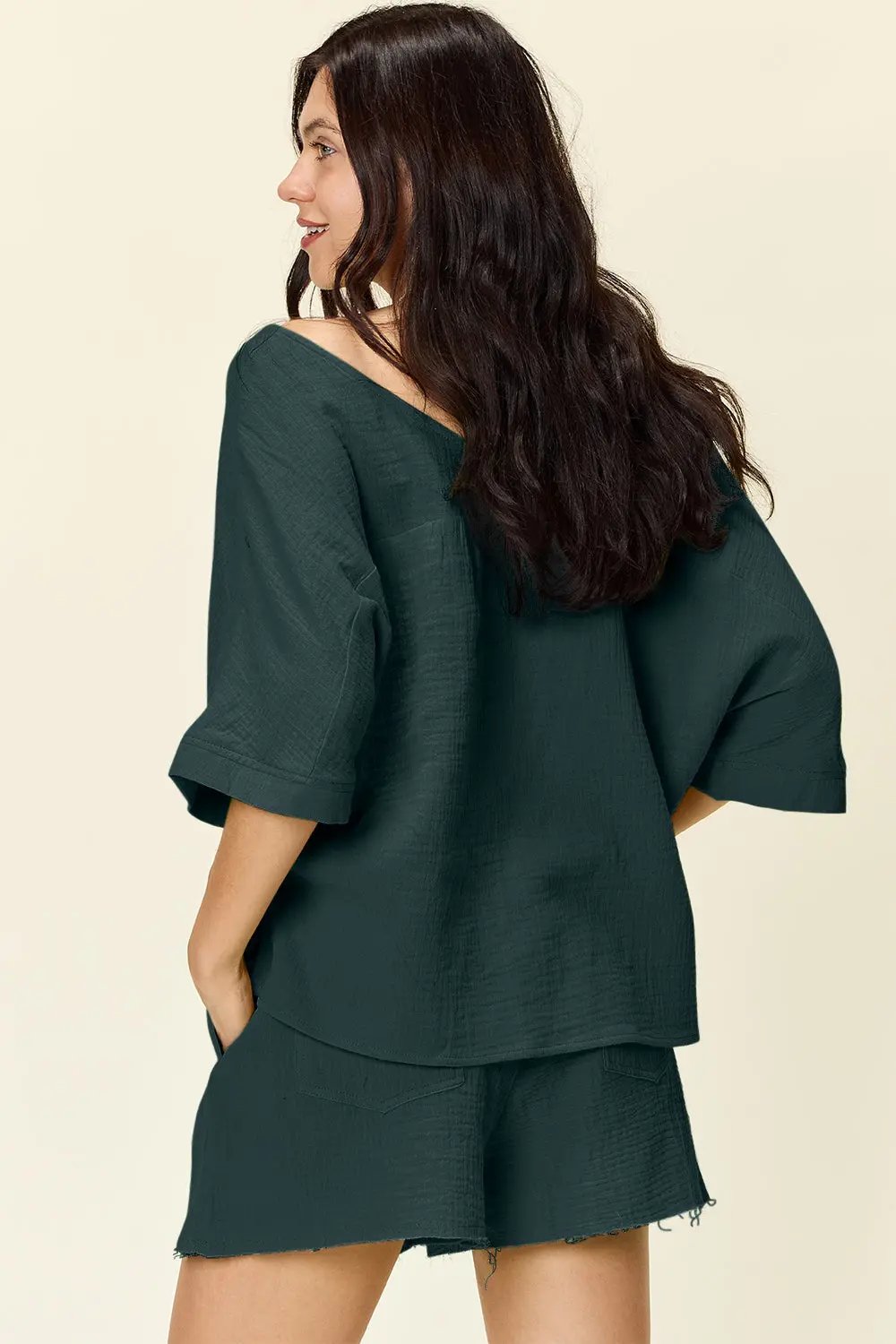 Double Take Texture Half Sleeve T-Shirt and Drawstring Shorts Set - Love Salve