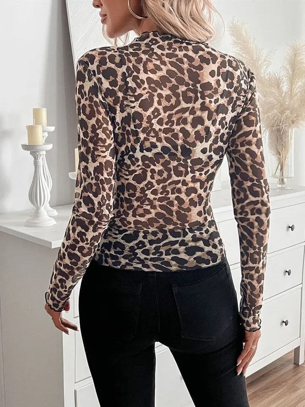 Leopard print long sleeve mesh top Miss Sparkling