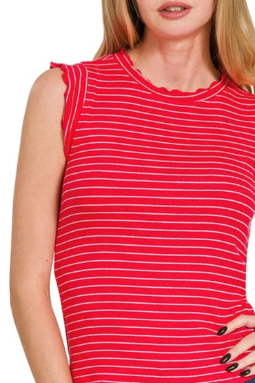 Zenana Ribbed Ruffle Trim Sleeveless Stripe Top - Love Salve 