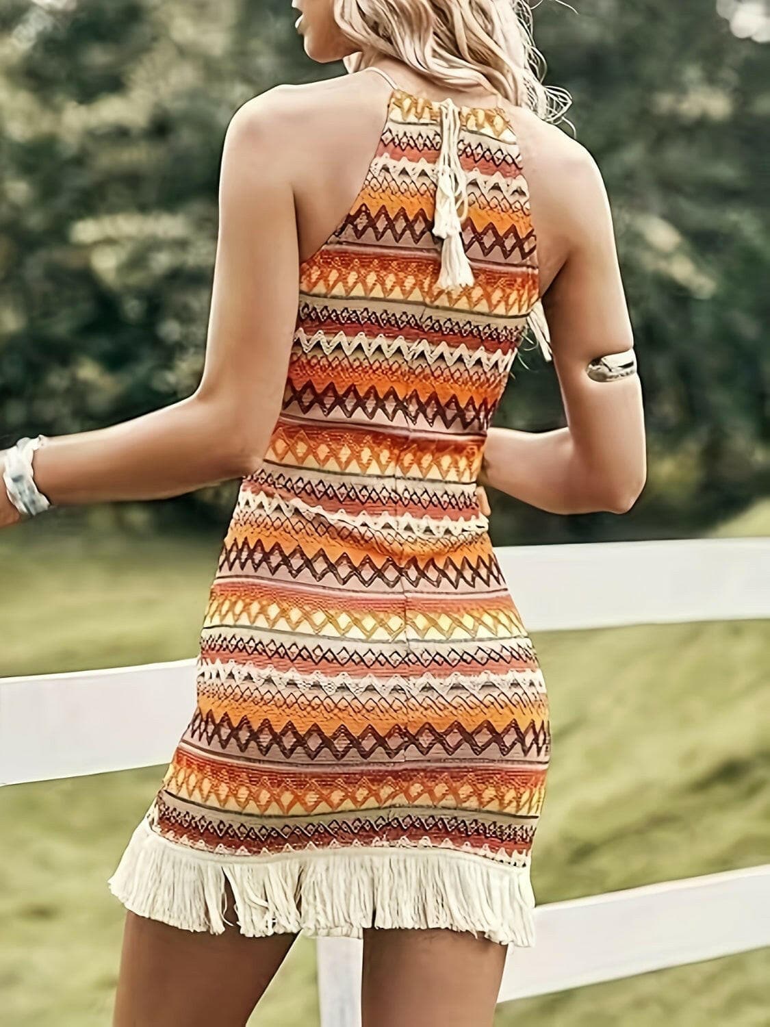 Full Size Fringe Grecian Neck Dress.