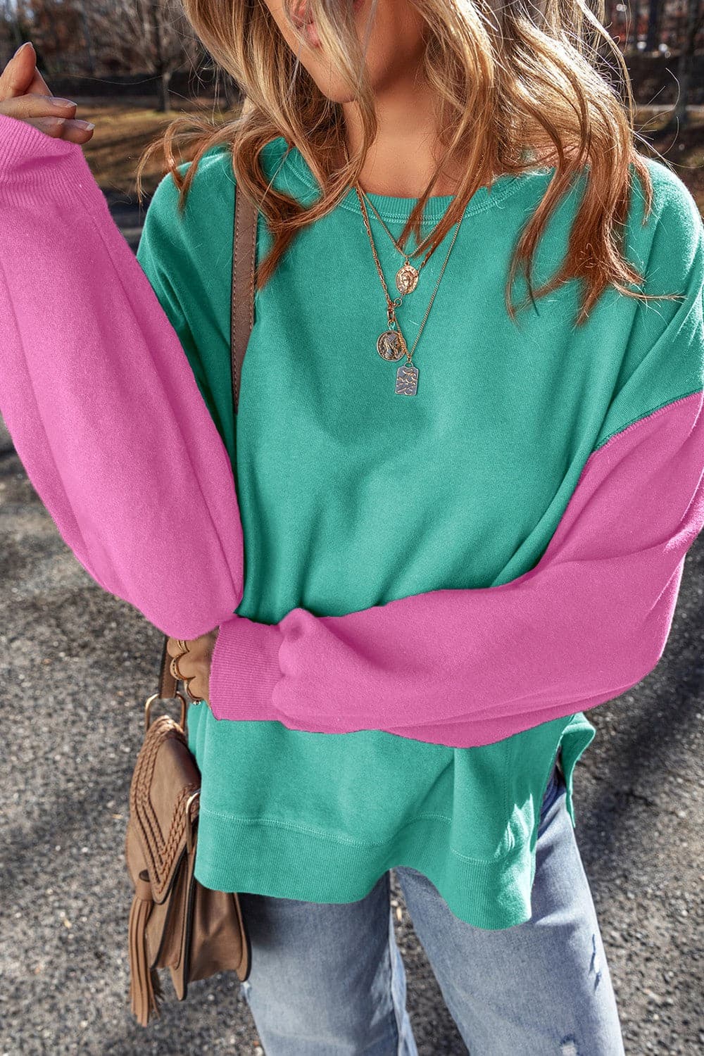 Color-blocked round neck long sleeve sweatshirt