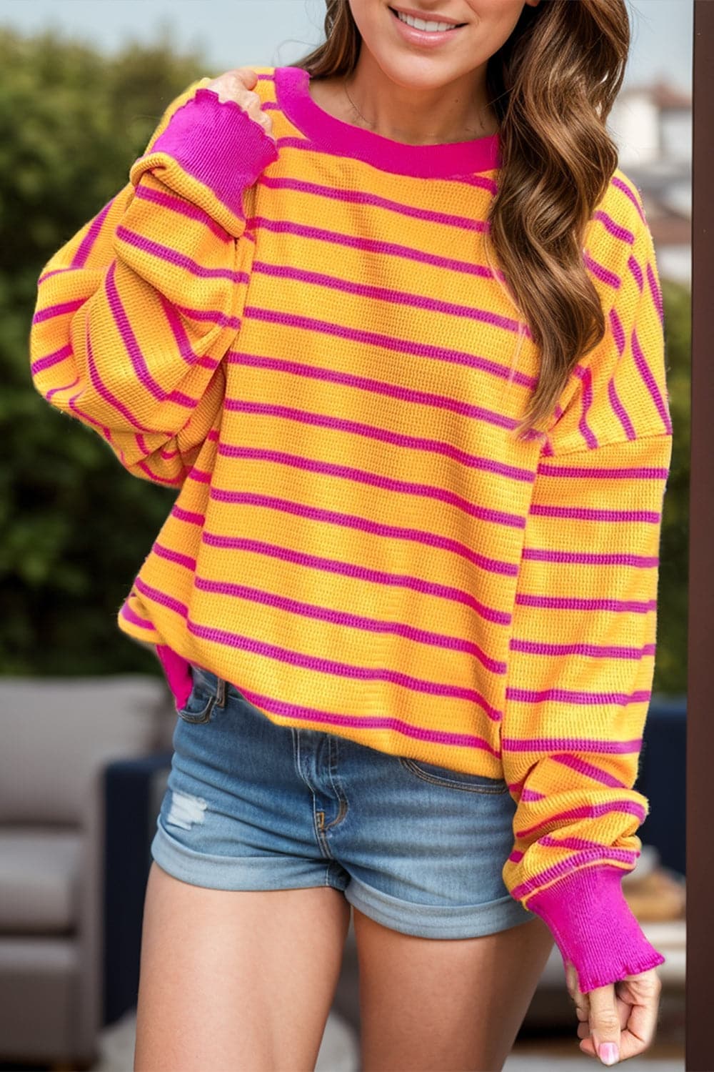 Striped Round Neck Long Sleeve Sweater.