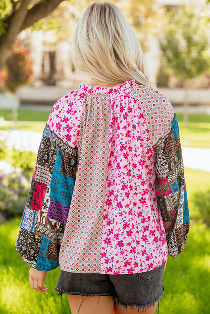 Premium Pink Boho Mixed Floral Drop Shoulder Bubble Sleeve Blouse
