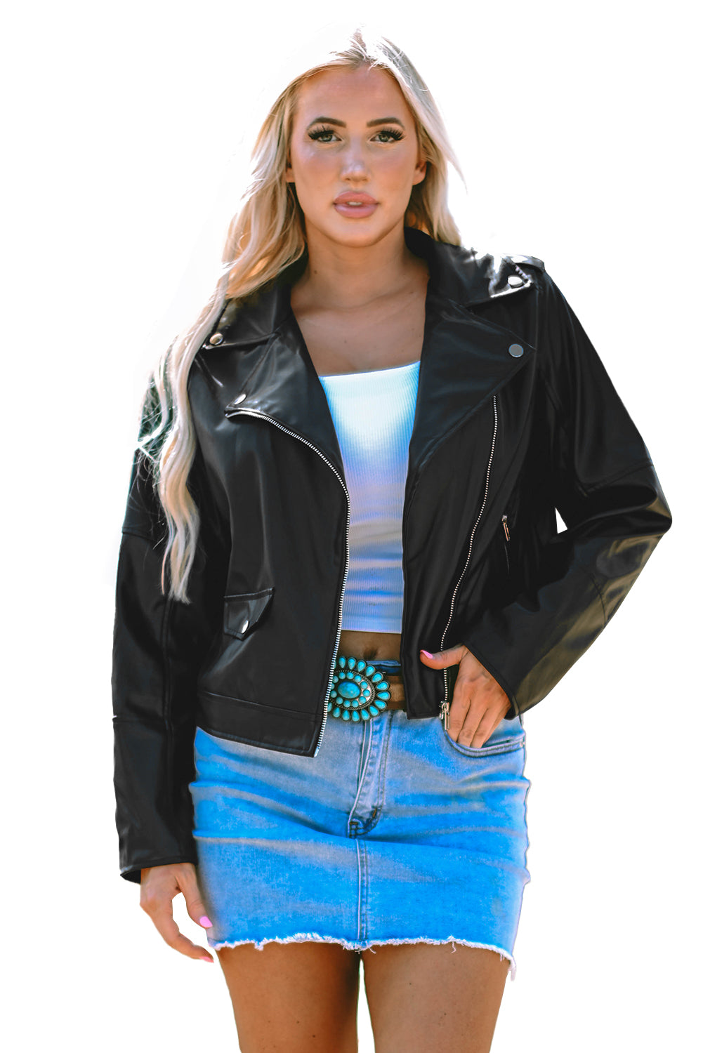 Chic black lapel collar motorcycle jacket