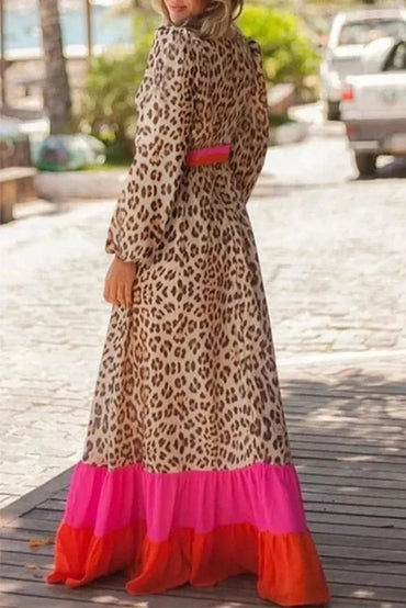 Leopard print v-neck maxi dress with long sleeves