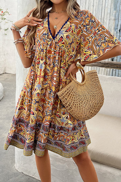 Printed V-Neck Half Sleeve Mini Dress.