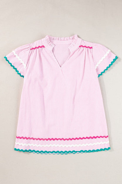 Striped Notched Short Sleeve Blouse.