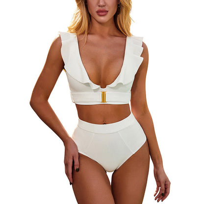 Metal Buckle Flounced White Swimsuit Bikini