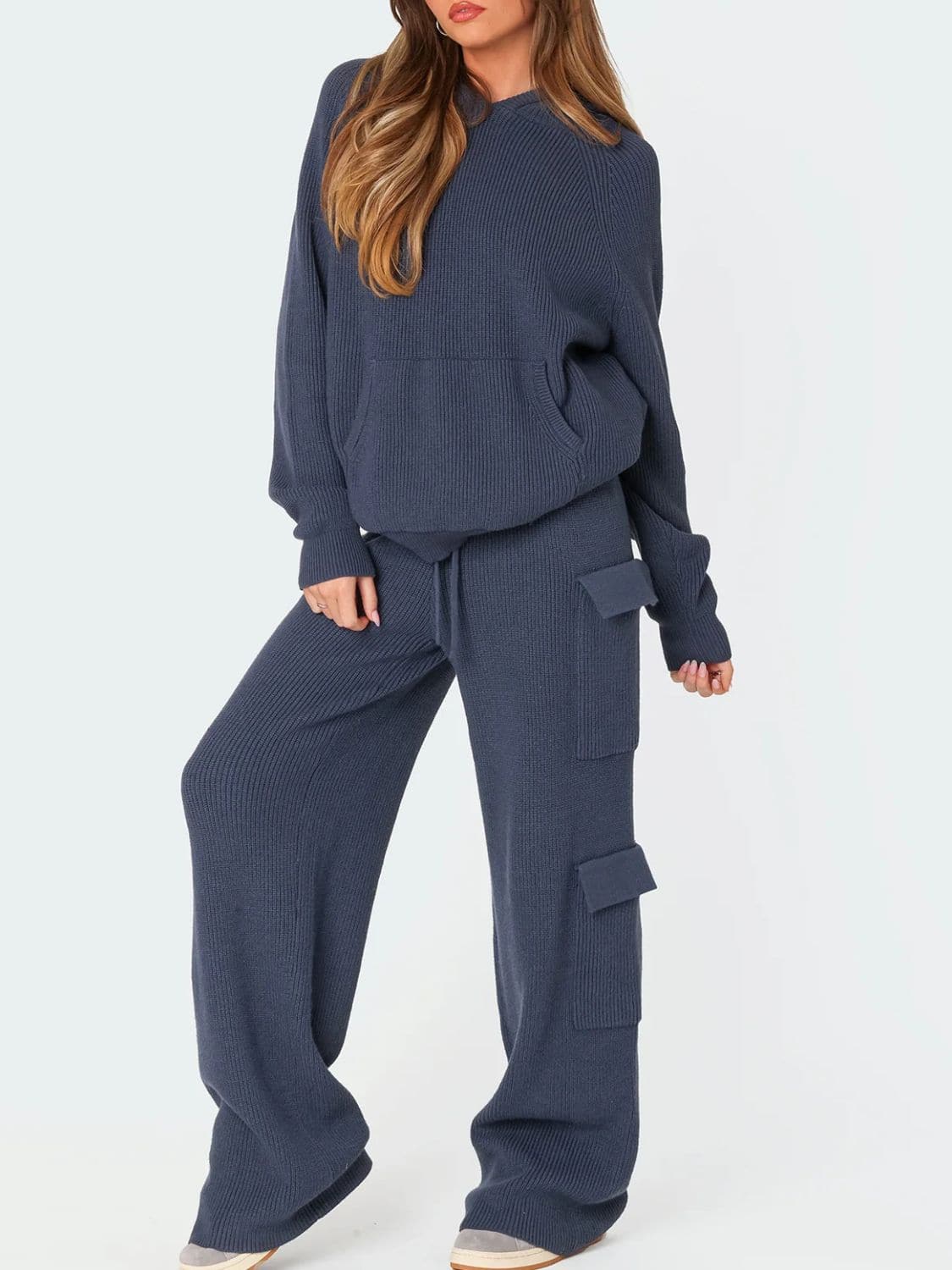 Cozy two-piece hooded sweater set with pocketed design