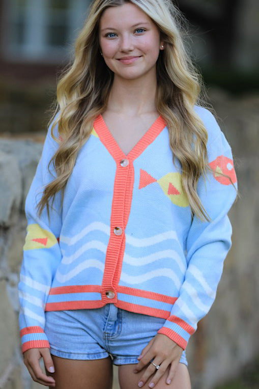 Miss Sparkling Fish Bowl Knit Cardigan, a cozy and stylish sweater with a unique knit design.