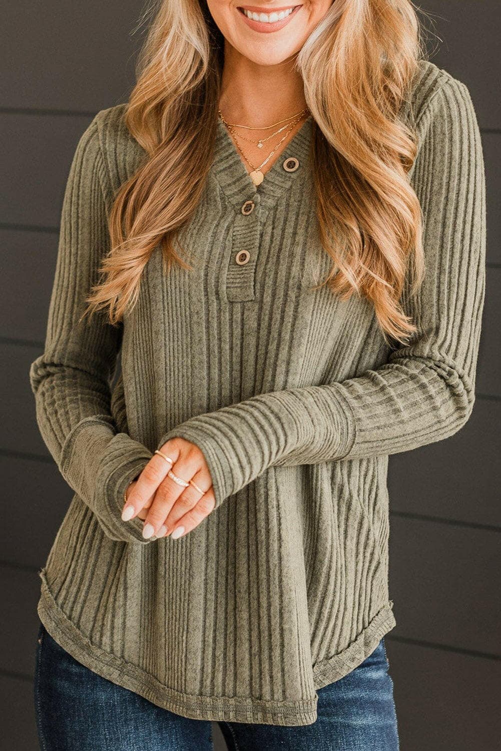 Ribbed Buttoned Long Sleeve Blouse.