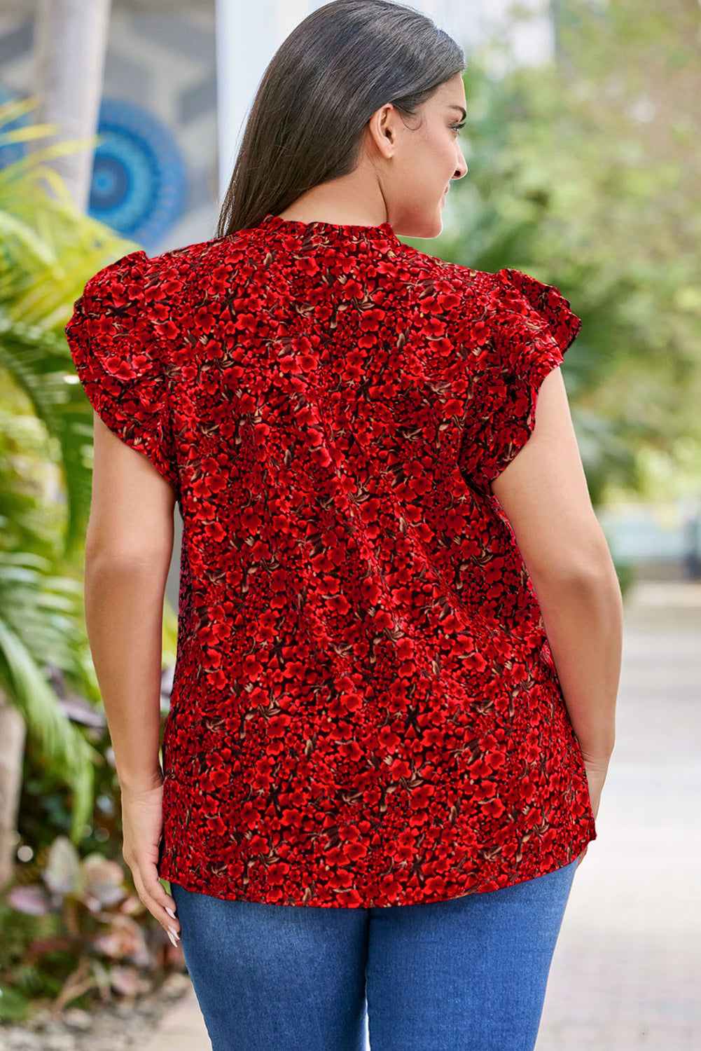 Fiery Red Rose Floral Print Ruffle Sleeve Plus Size Top