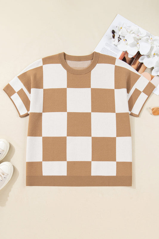 Dear-Lover Beige Checkered Knit Women's Plus Size Short Sleeve Sweater: Casual, Fall-Ready Dear-Lover Dropshipping