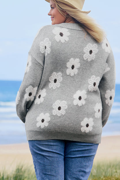 Gray floral embroidered plus size sweater