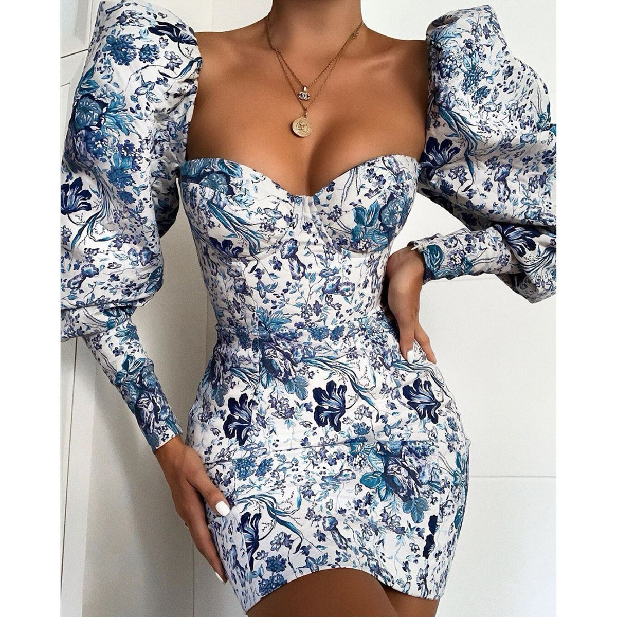Printed Puff Sleeve Wrapped Chest Sheath Slim Dress Bella Mia