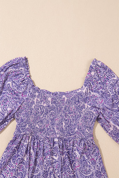 Purple Bohemian Paisley Print Shirred Peplum Blouse with Half Sleeves