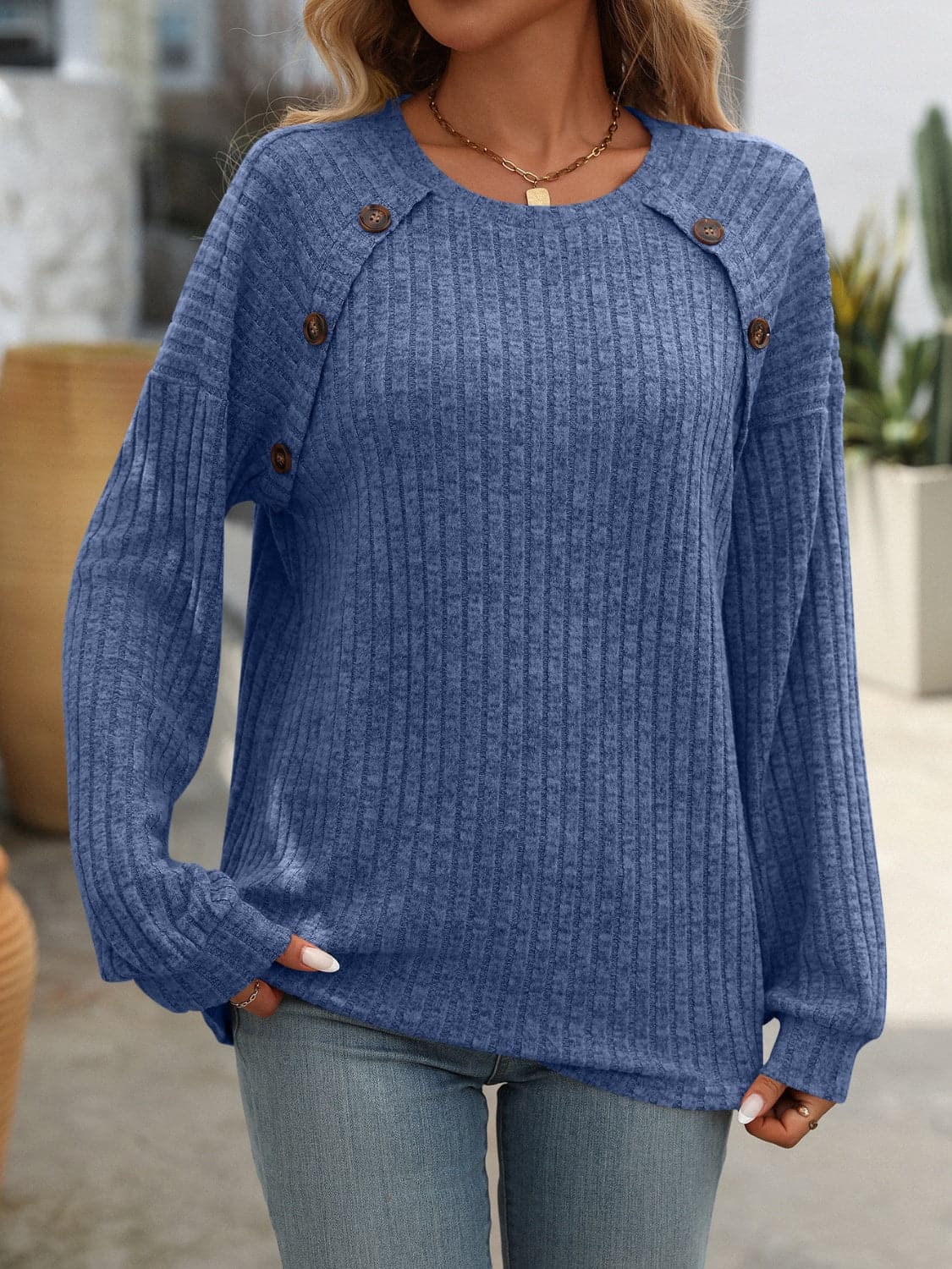 Decor Button Long Sleeve Ribbed T-Shirt.