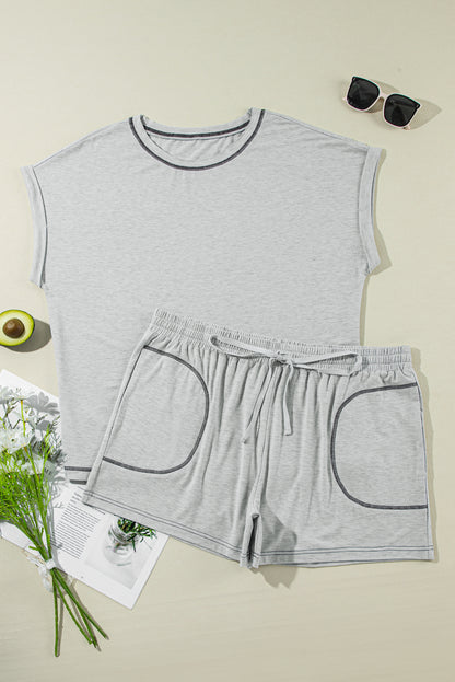 Chic gray cuffed sleeve plus size shorts set with contrast stitching