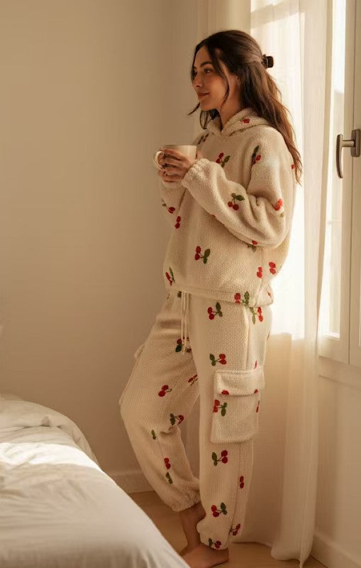 Two piece sherpa cherries sweat set Miss Sparkling