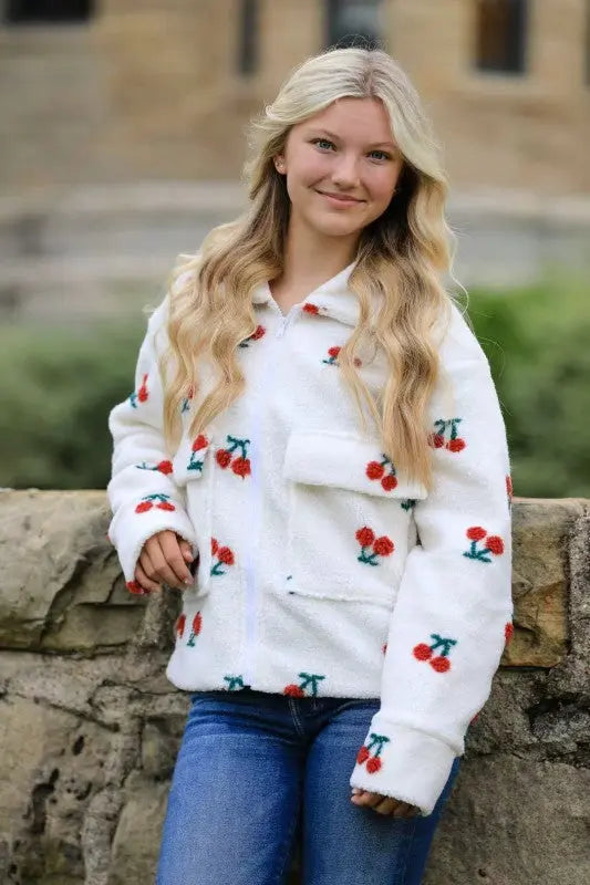 Sherpa Cherries Jacket With Front Zip And Patch Cargo Pockets Miss Sparkling