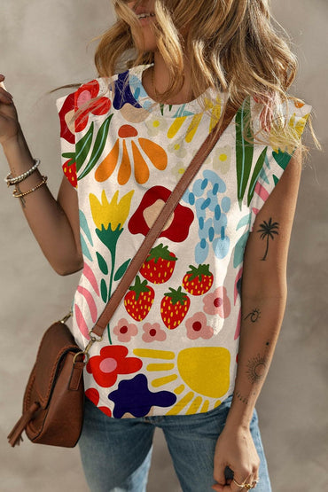 Printed Round Neck Cap Sleeve T-Shirt.