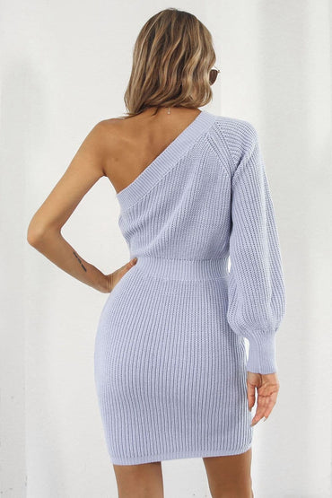 One Shoulder Raglan Sleeve Pencil Sweater Dress.