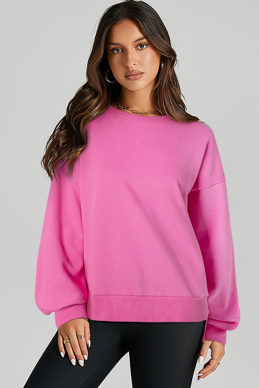 Cozy bonbon fleece-lined drop shoulder sweatshirt with high-low hem