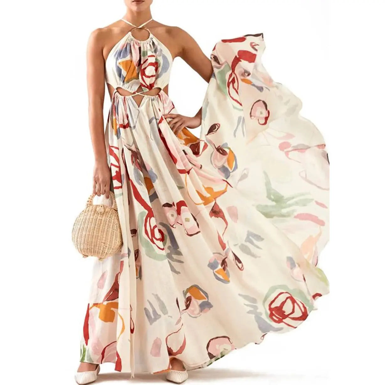 Spring Summer Women Clothing Slim Fit Large Swing Sling Stitching Printing Maxi Dress Beach Dress Bella Mia