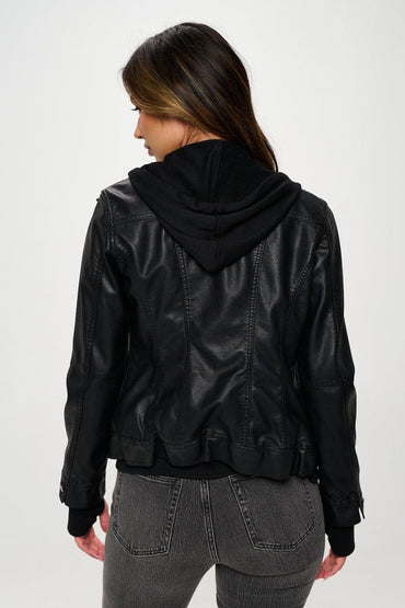 Modern double zip vegan leather hoodie jacket