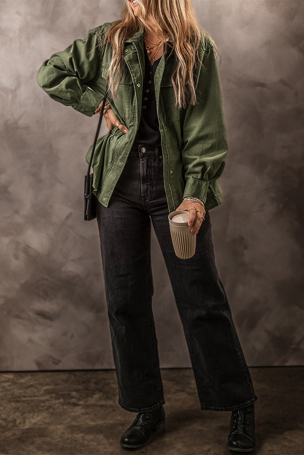 Moss green collared jacket for women