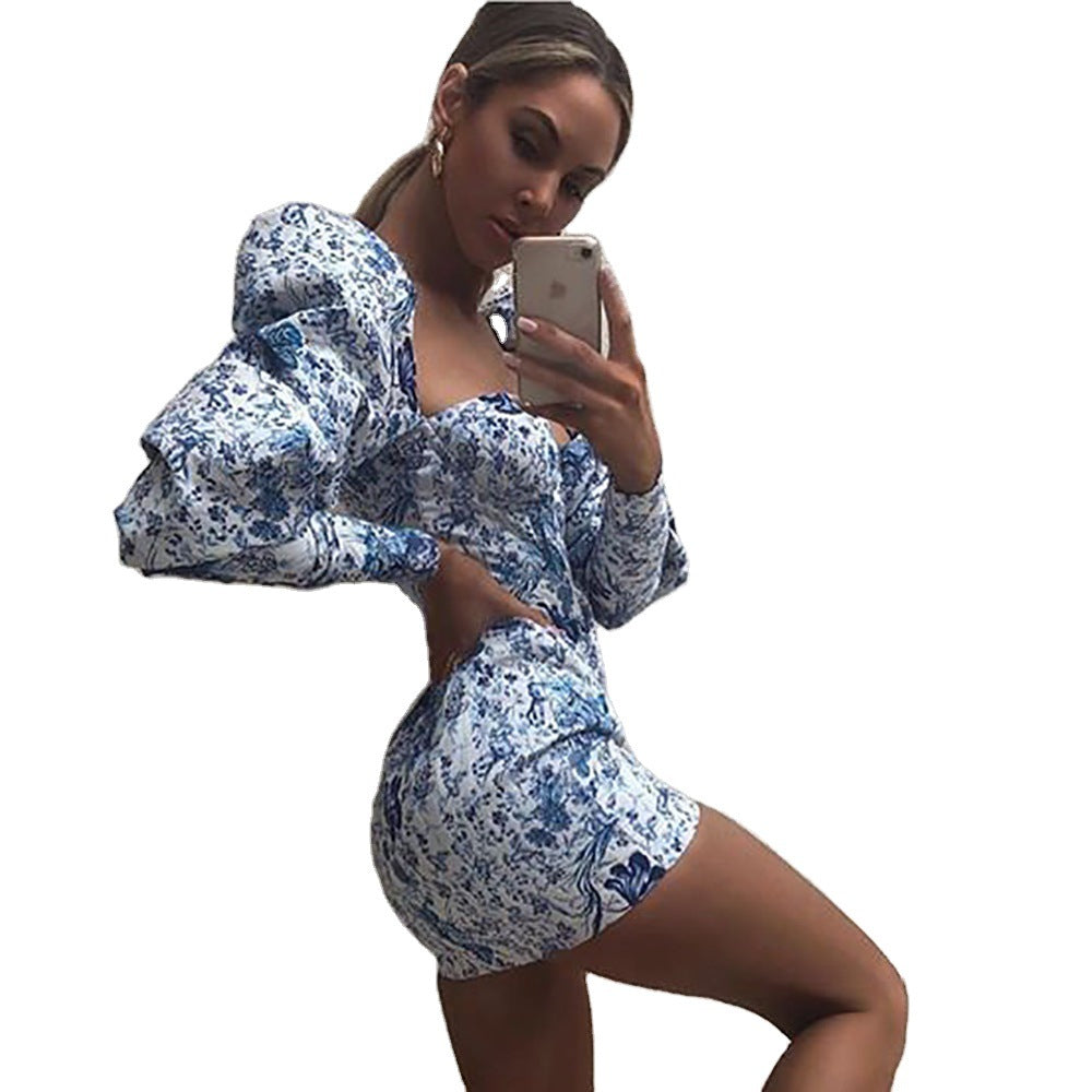 Printed Puff Sleeve Wrapped Chest Sheath Slim Dress Bella Mia