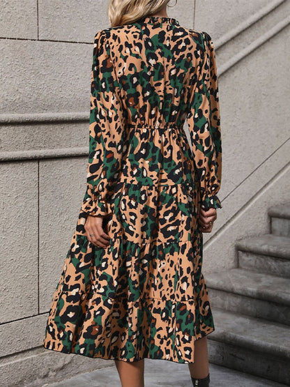 Leopard Notched Flounce Sleeve Midi Dress.