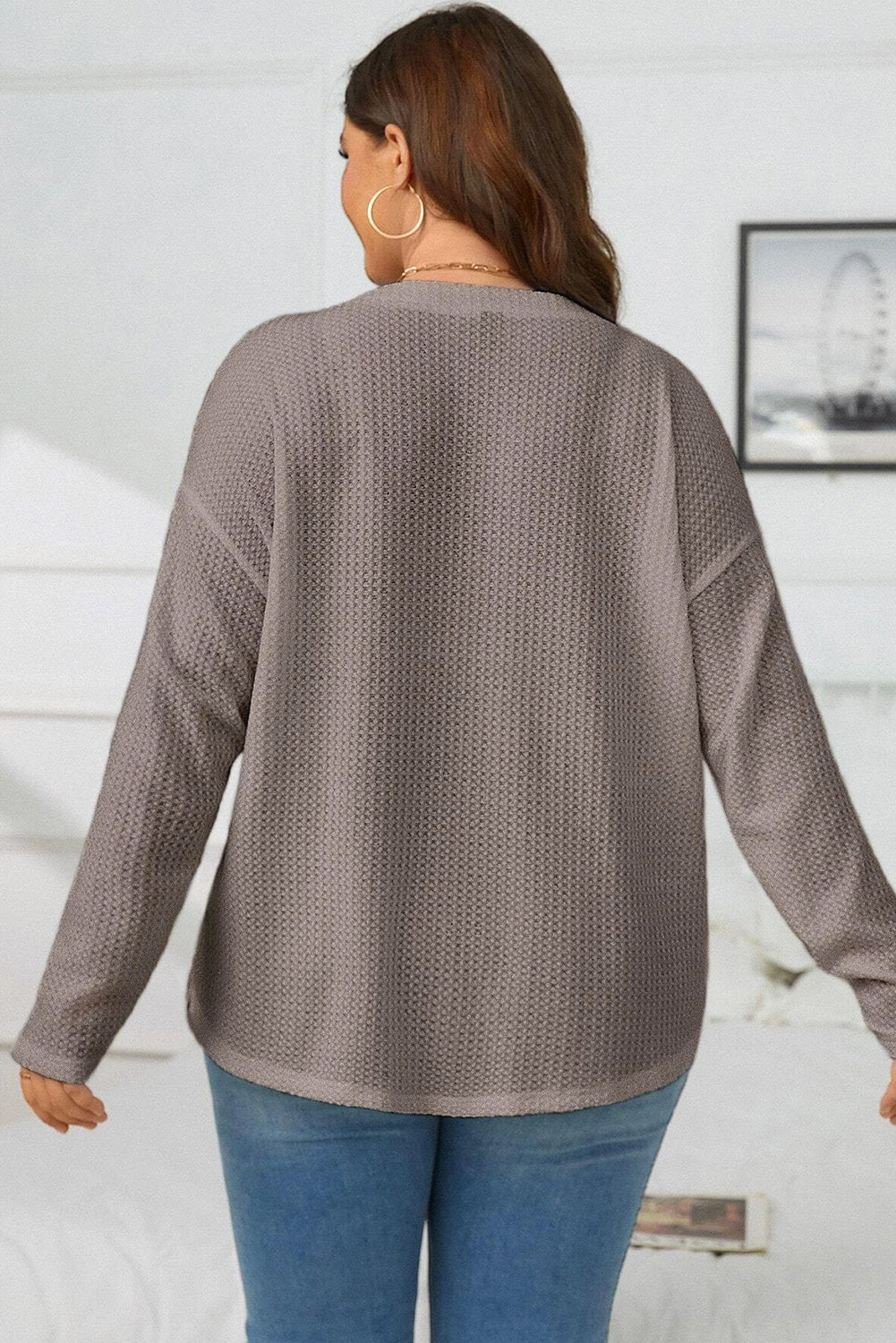 Cozy taupe waffle knit plus size V-neck top with button details