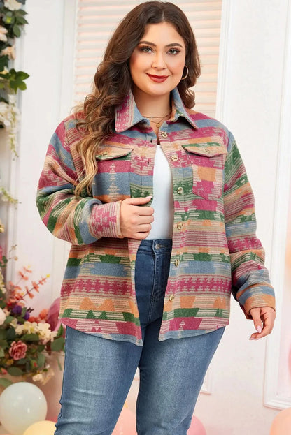 Stylish plus size collared jacket with pockets and vibrant print