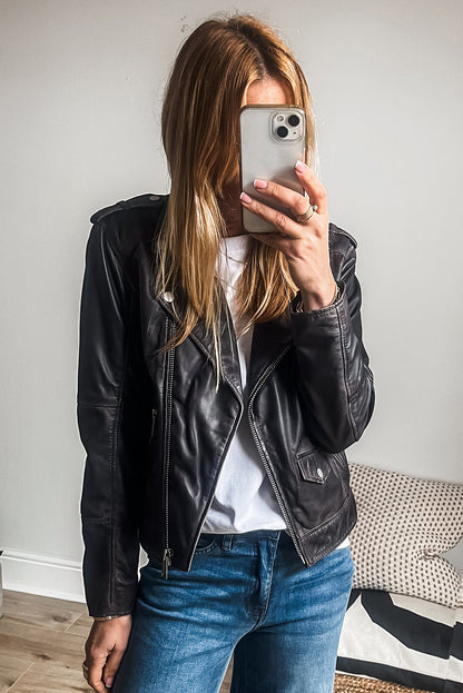 Chic black PU leather lapel collar motorcycle jacket