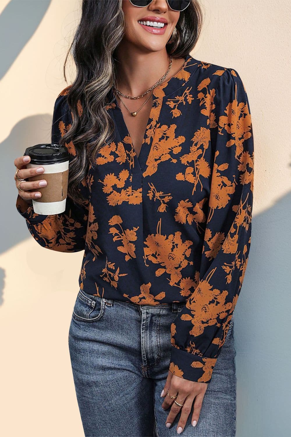 Printed Notched Long Sleeve Blouse.