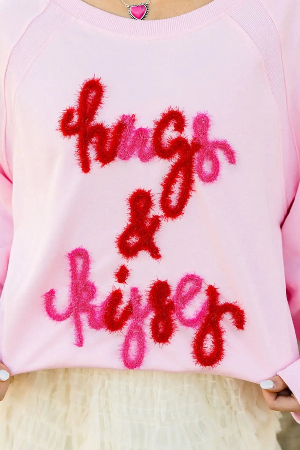 Pink Hugs and Kisses Pop Up Embroidered Raglan Sleeve Sweatshirt - Love Salve 
