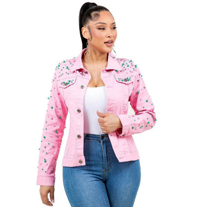 Pearls Rhinestone Pink Denim Jacket Pink Green