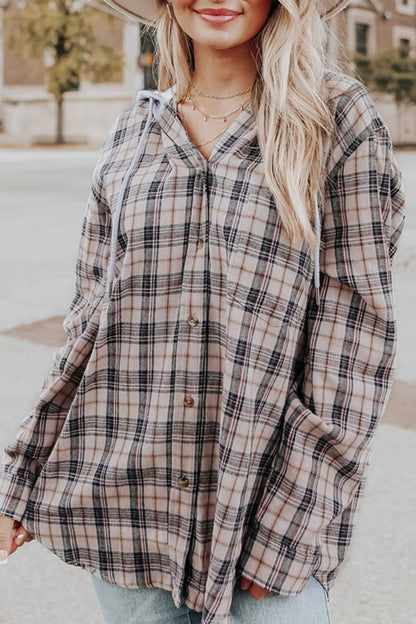 Plaid Drawstring Hooded Long Sleeve Top