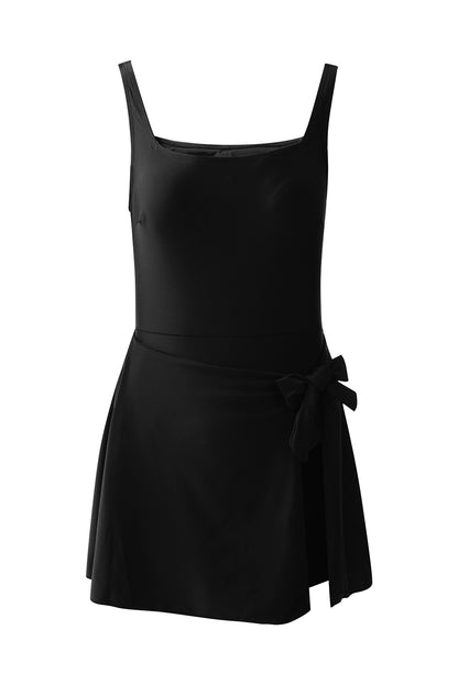 Chic Black A-Line One-Piece Swim Dress with Adjustable Straps and Side Tie Detail