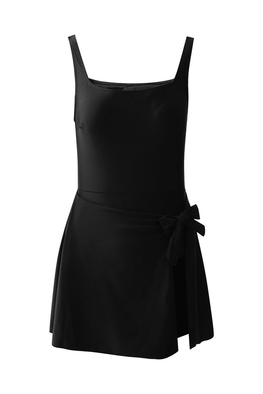 Black Side Tied Waist Square Neck Adjustable Straps Swim Dress