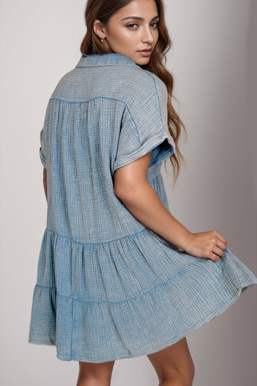 Tiered Notched Short Sleeve Dres.