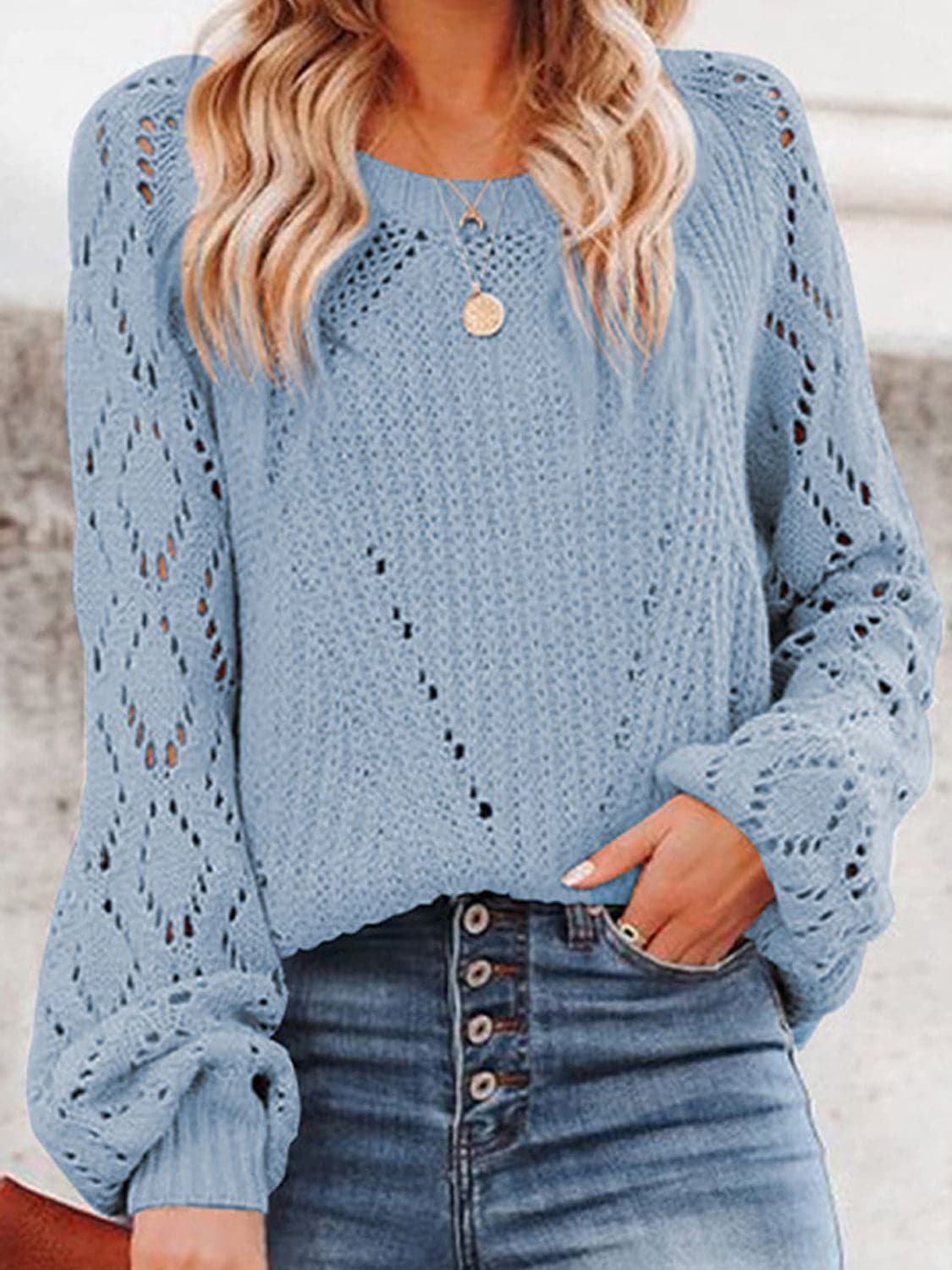 Openwork Round Neck Lantern Sleeve Sweater.