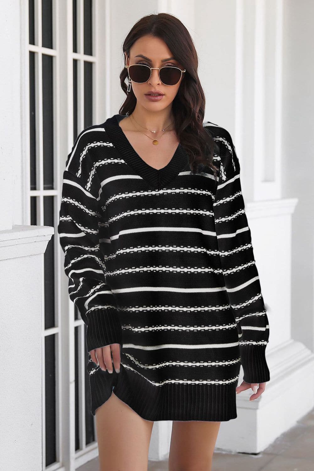 Striped V-Neck Sweater Dress.