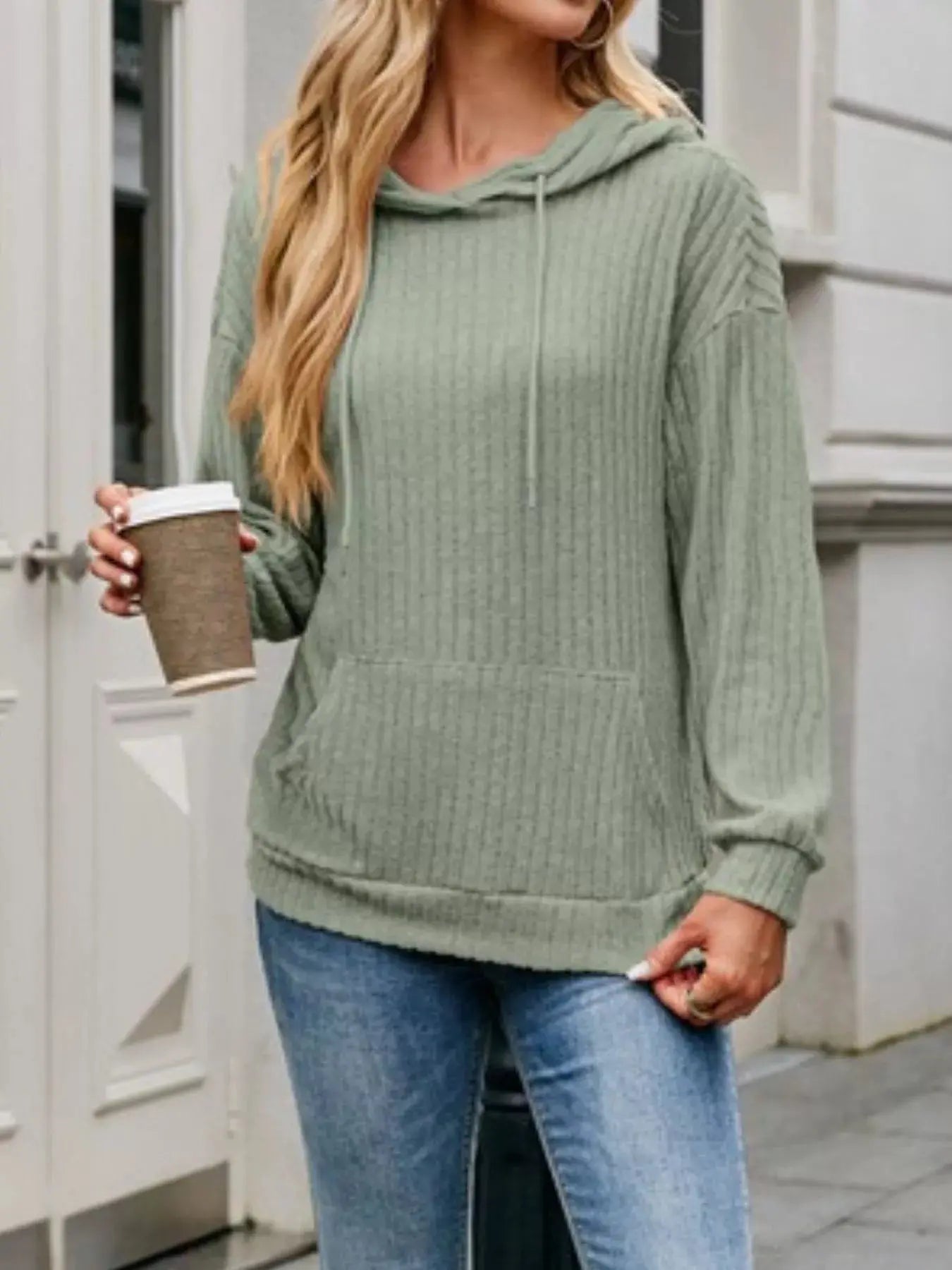 Casual Ribbed Knit Hoodie With Drawstring Front Pocket Simply Love