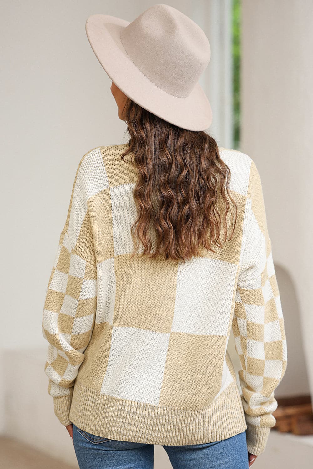 Plaid Round Neck Dropped Shoulder Sweater.