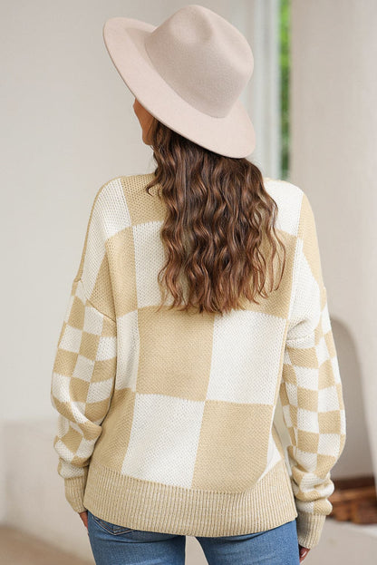 Plaid Round Neck Dropped Shoulder Sweater.