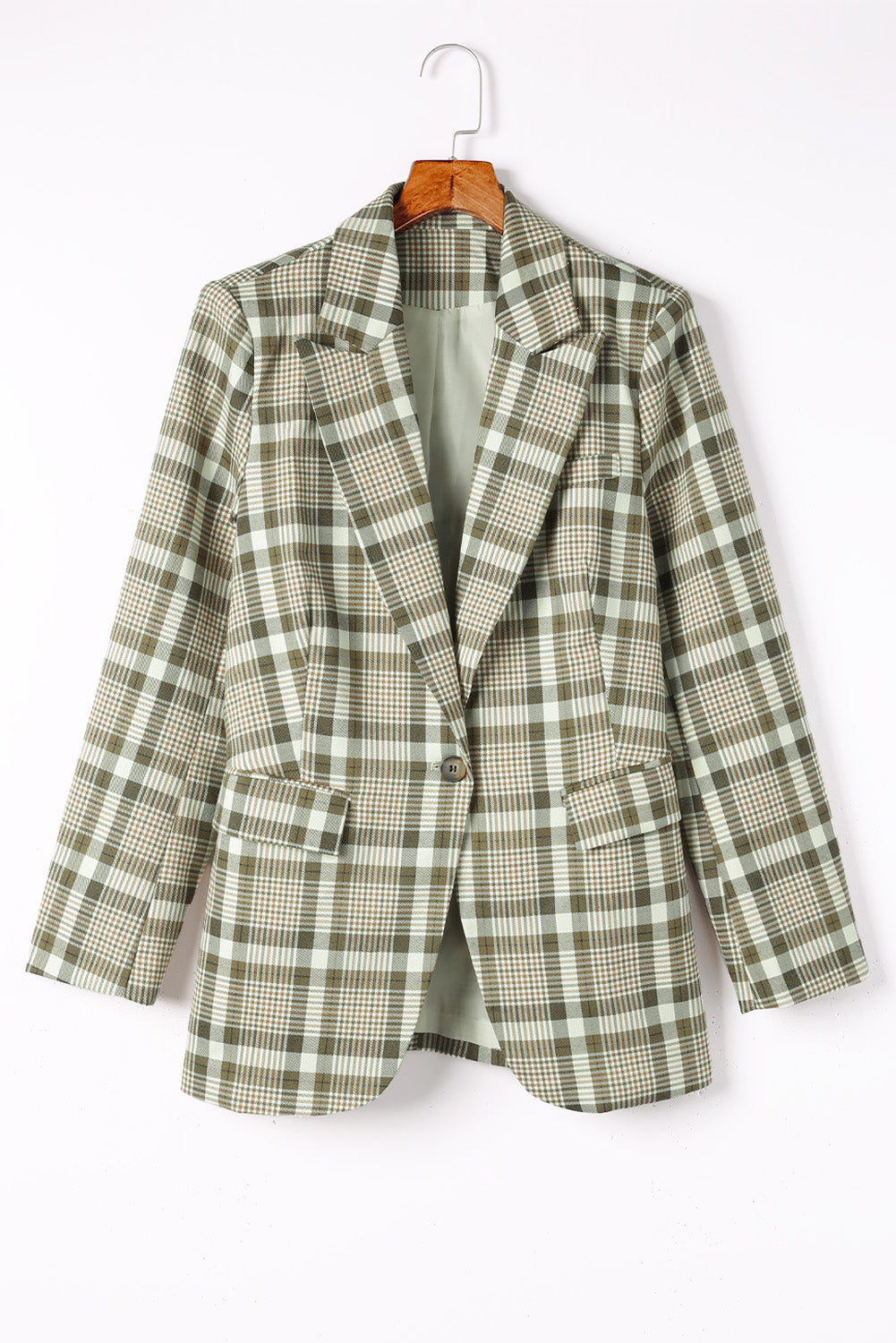 Chic khaki plaid lapel blazer with button closure